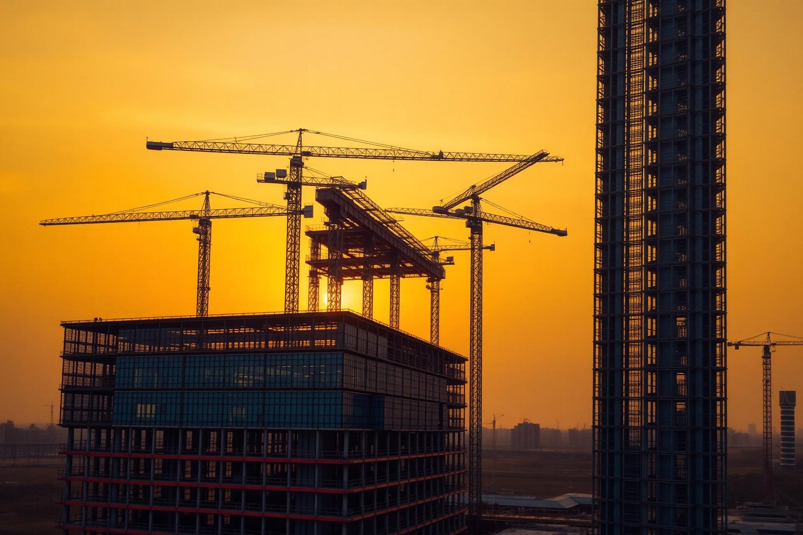 Modern construction site at golden hour